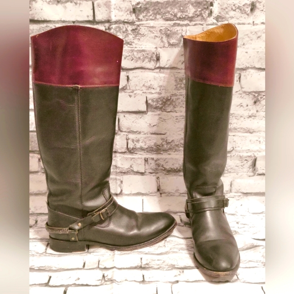 Frye   vintage Shoes - Frye knee high two tone riding equestrian boots metal harness leather flat 9B